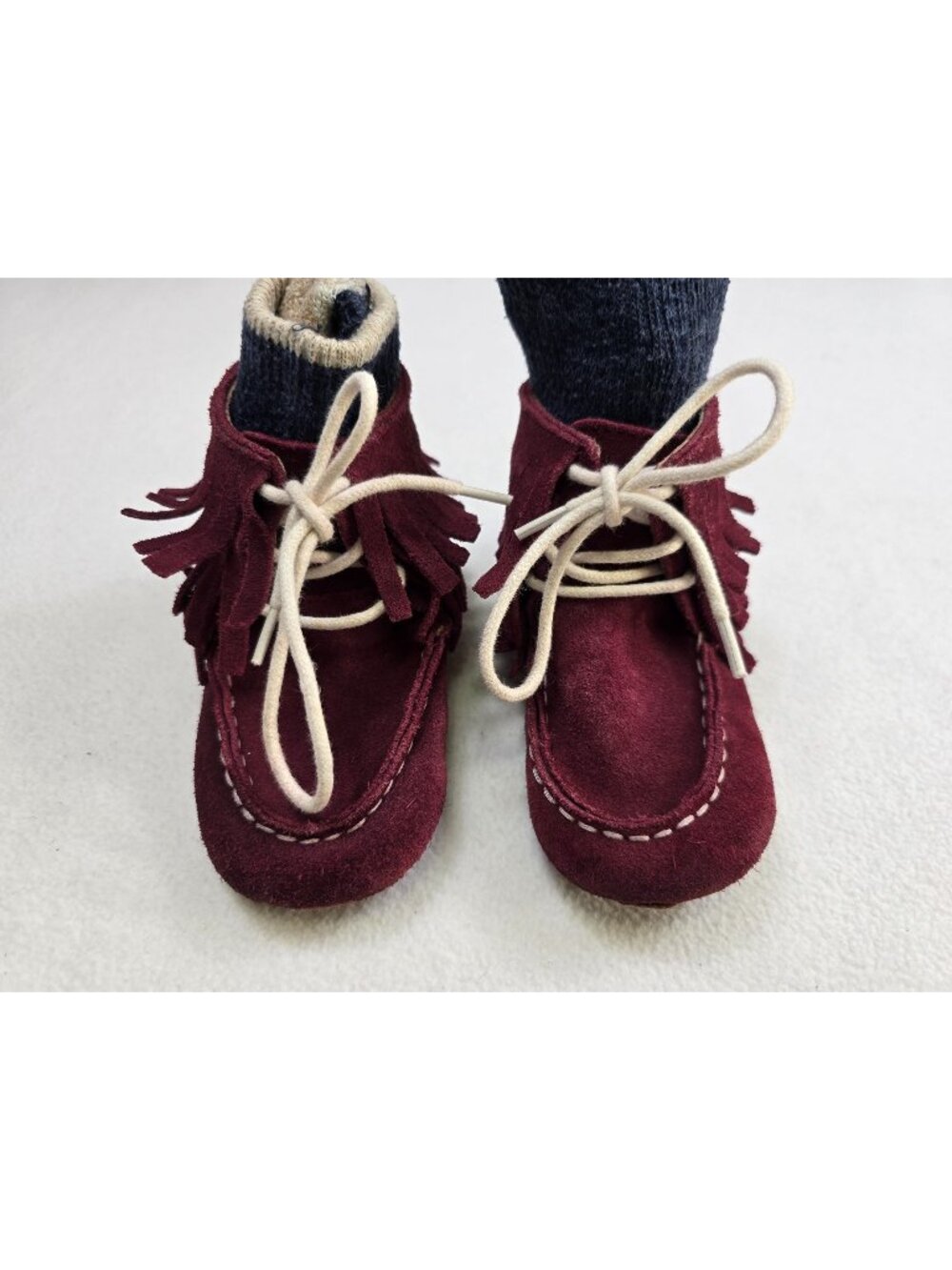 Monkey Feet Toddler 3 Tiered Fringe Moccasin Boots Shoes 2-3Y  Maroon Suede